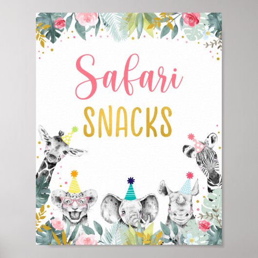 Safari Snacks roze Gold Party Animal Birthday Sign Poster (Voorkant)