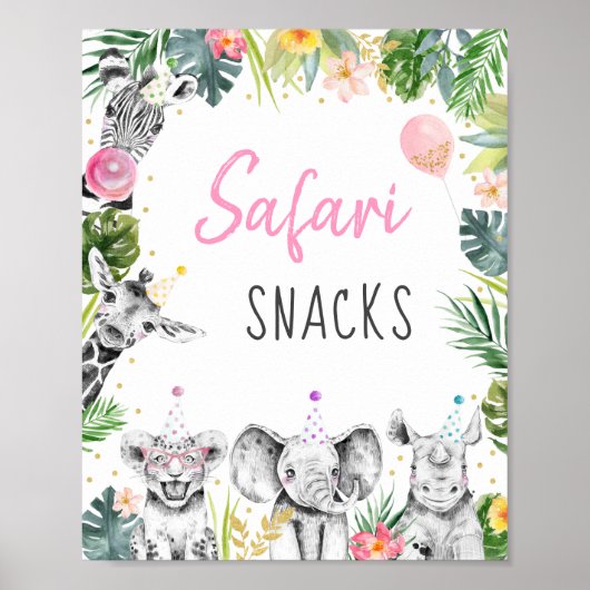 Safari Snacks roze Gold Tropical Safari Birthday Poster (Voorkant)
