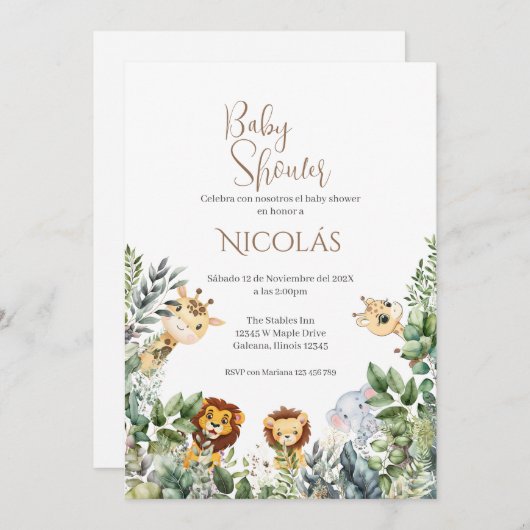 Safari Spaans Baby shower Jongen uitnodiging (Voorkant / Achterkant)