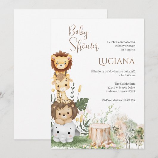 Safari Spaanse Baby shower Girl-uitnodiging Kaart (Voorkant / Achterkant)