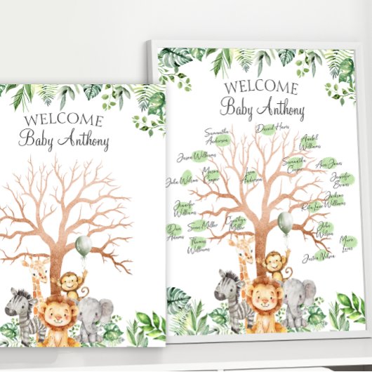 Safari Thema Baby Boy Douche Vingerafdrukboom Poster