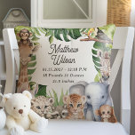 Safari thema kinderkamer geboorte statistieken bab kussen<br><div class="desc">Welkom je baby boy in een avontuurlijke wereld met het Safari Oerwoud Animals Baby Boy Nursery Pillow, een charmante aanvulling op zijn eerste heiligdom. Dit kussen beschikt over een heerlijke reeks waterverf tropische en oerwoud dieren, die een speelse maar serene sfeer brengen in het kinderkamer decor. Personaliseer het met de...</div>