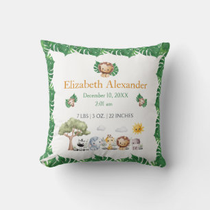 Safari thema oerwoud dieren baby geboortestatistie kussen