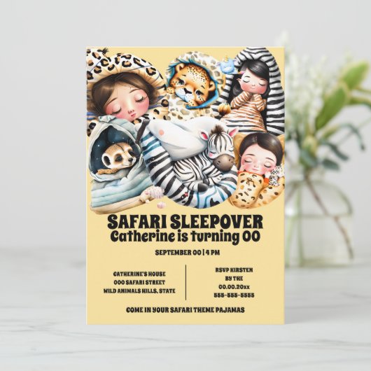 Safari thema sleepover sluimerpyjama kinder kaart (Staand voorkant)