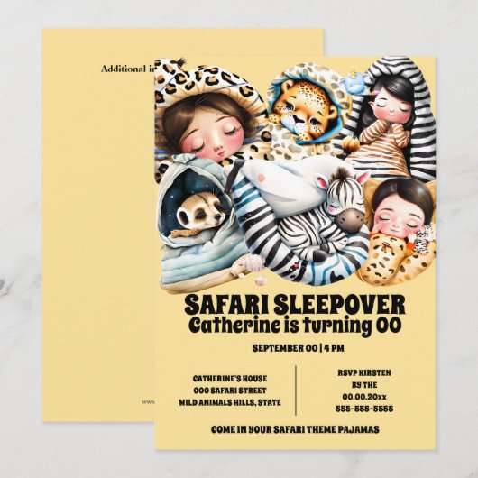 Safari thema sleepover sluimerpyjama kinder kaart (Voorkant / Achterkant)
