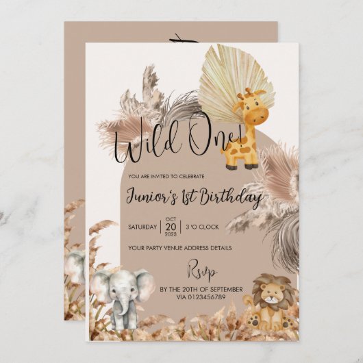 Safari Thema Wild Een 1e Kids Verjaardag Uitnodigi Kaart (Voorkant / Achterkant)