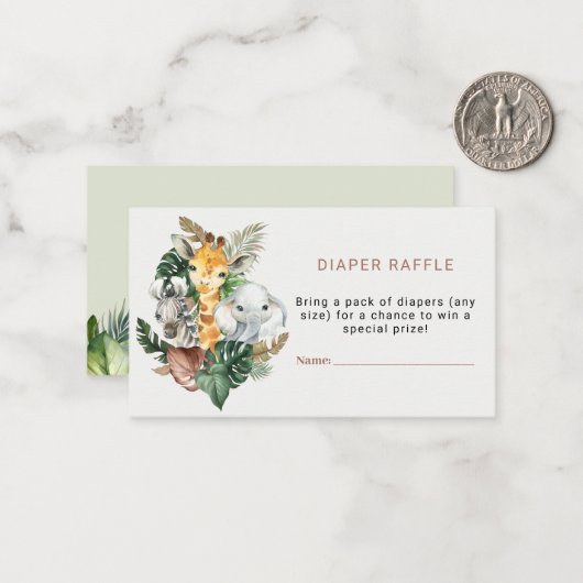 Safari Theme Baby shower Diaper Raffle Ticket Notitiekaartje (Voorkant / Achterkant in situ)