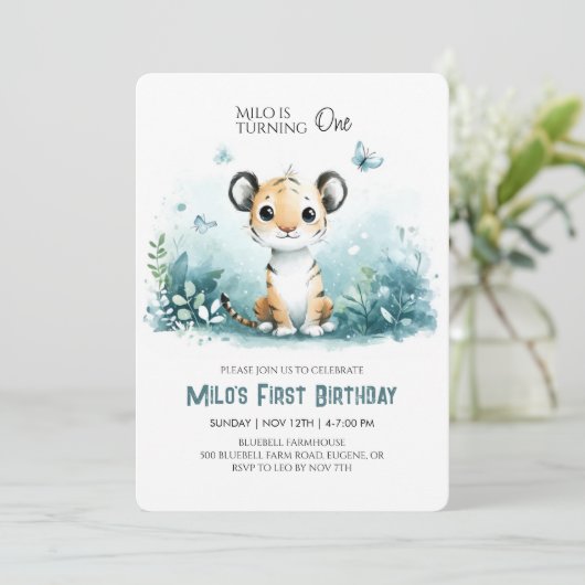 Safari Tiger eerste verjaardagsuitnodiging voor jo Kaart (Staand voorkant)