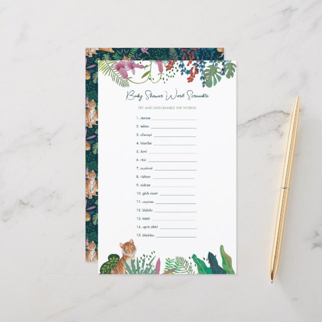 Safari Tiger Word Scramble Baby shower spel (Voorkant / Achterkant in situ)