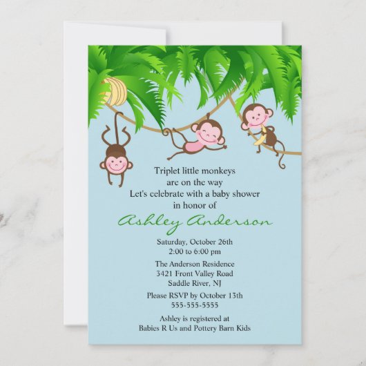 Safari Triplet Monkeys Baby shower Invitation Kaart (Voorkant)