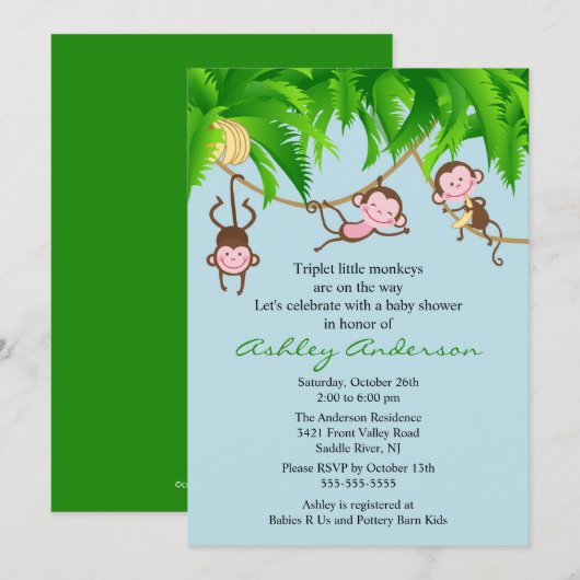 Safari Triplet Monkeys Baby shower Invitation Kaart (Voorkant / Achterkant)