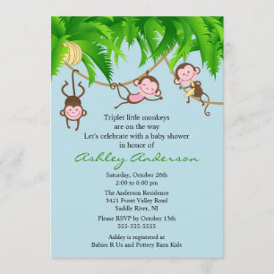 Safari Triplet Monkeys Baby shower Invitation Kaart