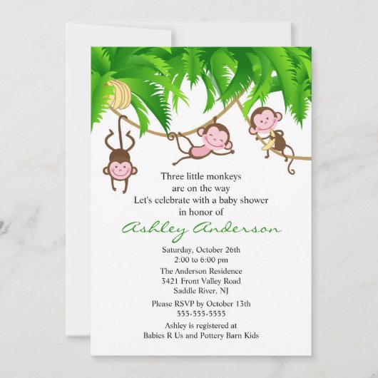 Safari Triplet Monkeys Baby shower Invitation Kaart (Voorkant)