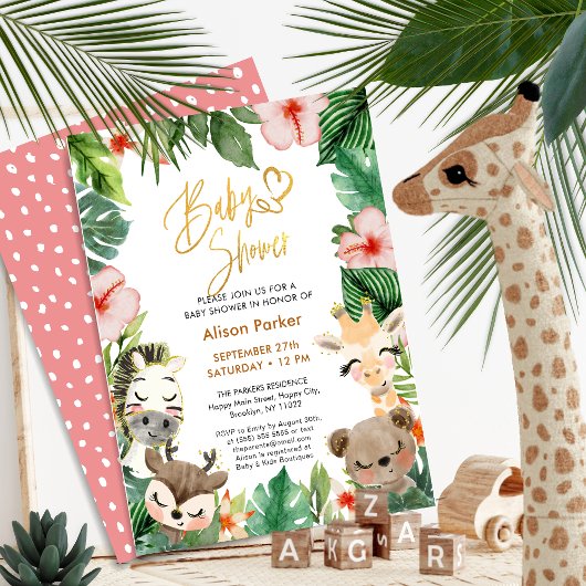 Safari Tropical Greenery Gold Script Baby shower Kaart