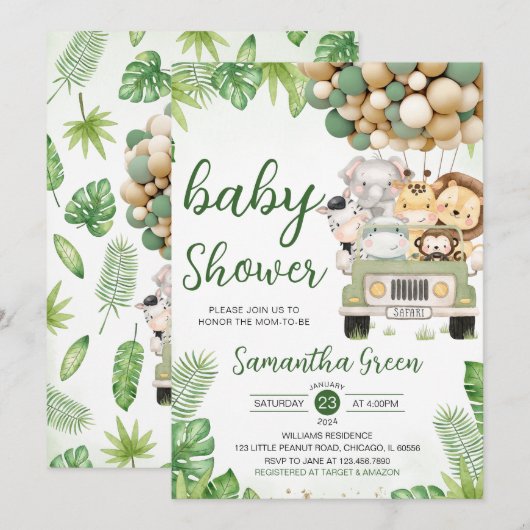 Safari Truck Balloon Baby Shower Kaart (Voorkant / Achterkant)