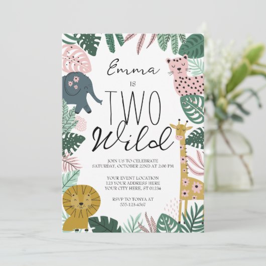 Safari Twee Wilde Uitnodiging, Oerwoud Verjaardag Kaart (Staand voorkant)