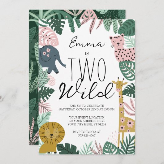 Safari Twee Wilde Uitnodiging, Oerwoud Verjaardag Kaart (Voorkant / Achterkant)