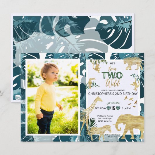 Safari Twee Wilde Verjaardagsfoto Groen & Goud Kaart (Voorkant / Achterkant)