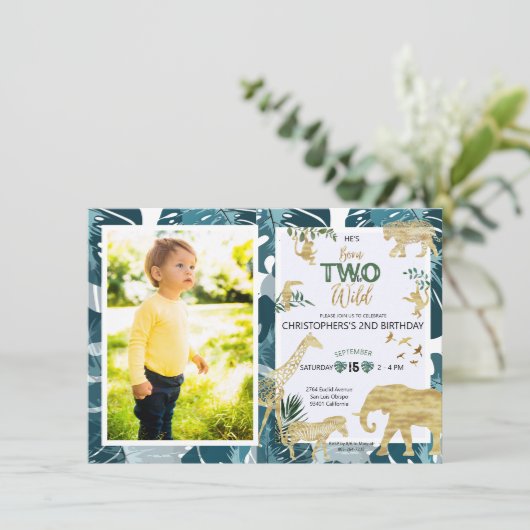 Safari Twee Wilde Verjaardagsfoto Groen & Goud Kaart (Staand voorkant)