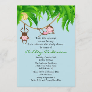 Safari Twin Monkeys Baby shower Invitation Kaart