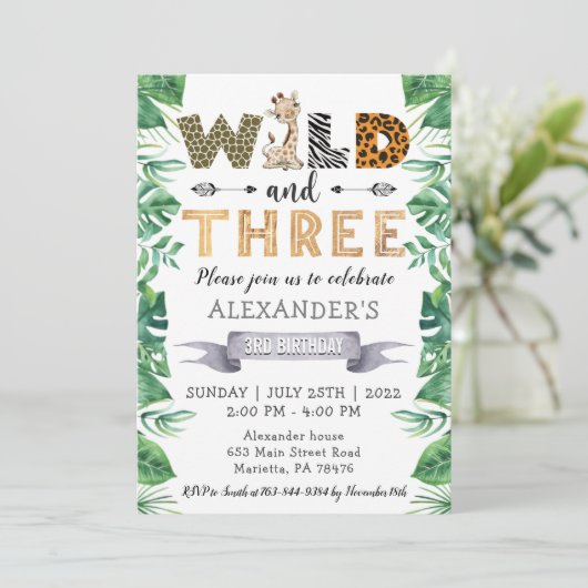 Safari Two Wild 3rd Birthday Party Invitation Kaart (Staand voorkant)