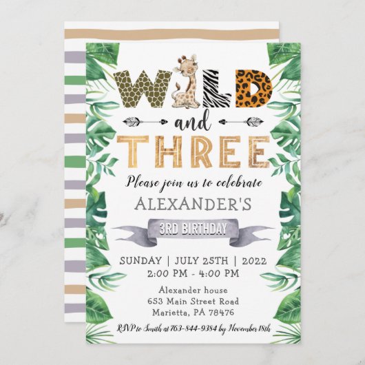 Safari Two Wild 3rd Birthday Party Invitation Kaart (Voorkant / Achterkant)