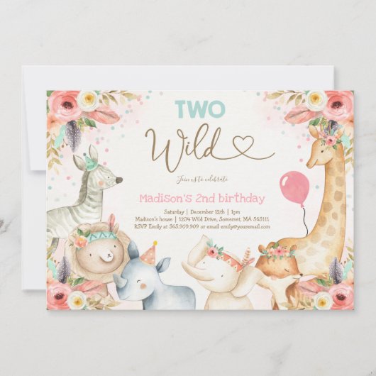 Safari Two Wild Birthday Invitation Boho Two Wild Kaart (Voorkant)