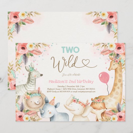 Safari Two Wild Birthday Invitation Boho Two Wild Kaart (Voorkant / Achterkant)