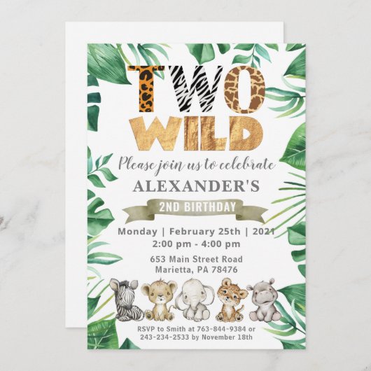 Safari Two Wild Birthday Oerwoud Party Invitation Kaart (Voorkant / Achterkant)