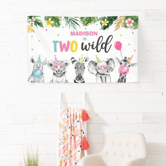 Safari Two Wild Birthday Party Animals - achtergro Spandoek (Insitu)