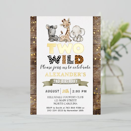 Safari Two Wild Birthday Party Real Gold Folie Uitnodiging (Staand Voorkant)