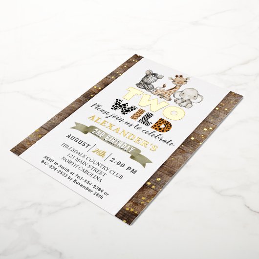 Safari Two Wild Birthday Party Real Gold Folie Uitnodiging (Gedraaid)