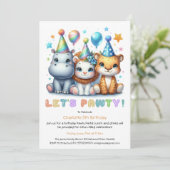 Safari Verjaardag – Glitter Blue Hippo, Tijger, Le Kaart (Staand voorkant)