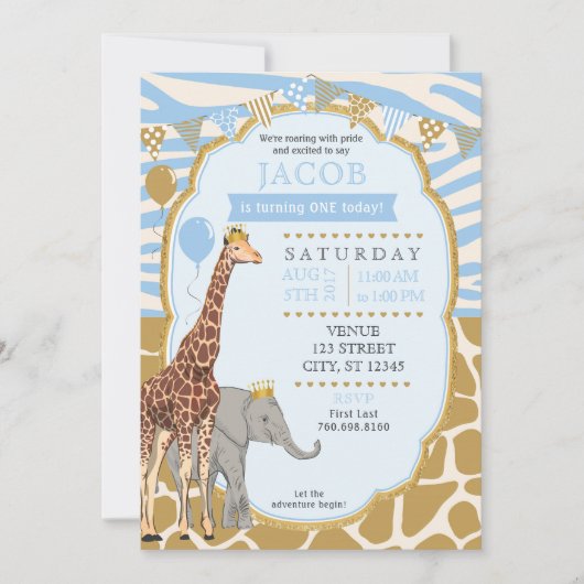 Safari Verjaardag Uitnodiging - Blauw (Voorkant)