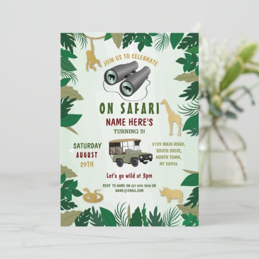 Safari Verjaardagsfeest Wilde Dieren Vrachtwagen O Kaart (Staand voorkant)