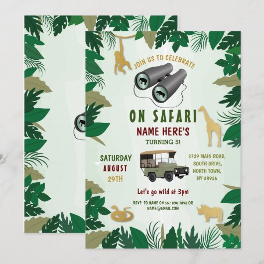 Safari Verjaardagsfeest Wilde Dieren Vrachtwagen O Kaart (Voorkant / Achterkant)