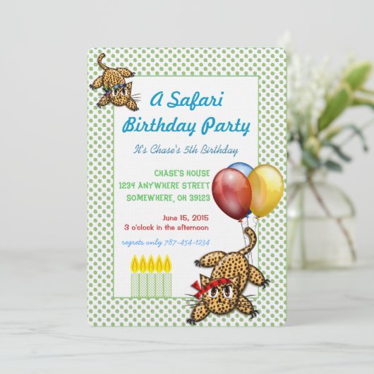 Safari verjaardagsfeestje luipaard uitnodiging (Staand voorkant)