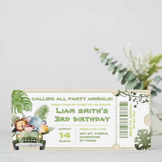 Safari verjaardagsfeestje ticket (Staand voorkant)