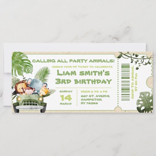 Safari-verjaardagsfeestticket (Voorkant)
