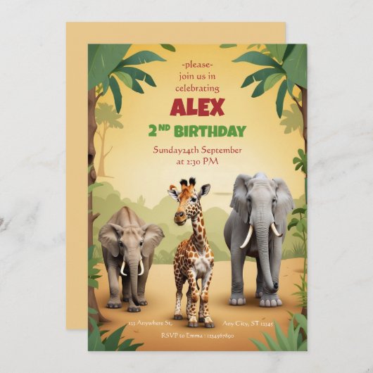 Safari Verjaardagsuitnodiging Goud Oerwoud Dieren Kaart (Voorkant / Achterkant)