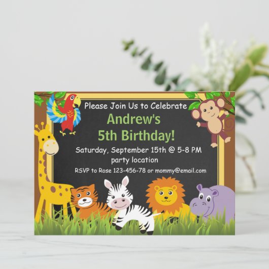 Safari verjaardagsuitnodiging, jungle uitnodiging (Staand voorkant)