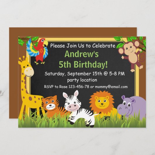 Safari verjaardagsuitnodiging, jungle uitnodiging (Voorkant / Achterkant)