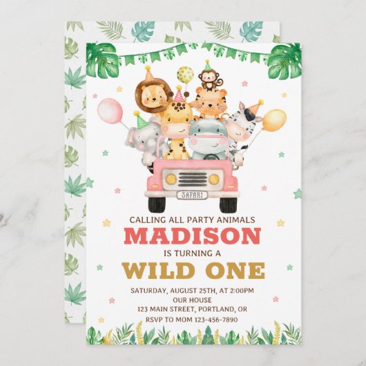 Safari verjaardagsuitnodiging Wild één uitnodiging (Voorkant / Achterkant)