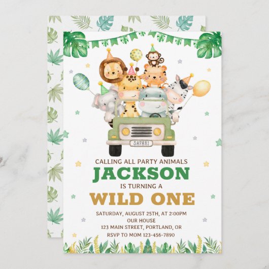 Safari verjaardagsuitnodiging Wild één uitnodiging (Voorkant / Achterkant)