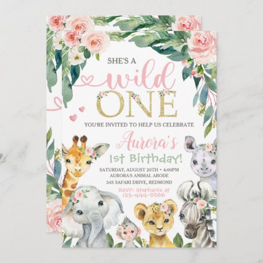 Safari verjaardagsuitnodiging Wild One uitnodiging (Voorkant / Achterkant)