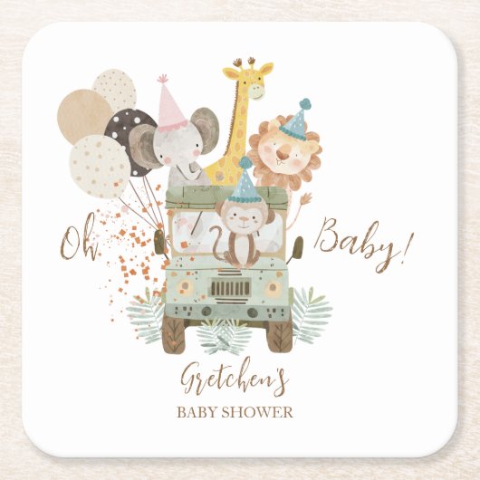 Safari Vrachtwagen Oerwoud Dieren Boho Baby shower Kartonnen Onderzetters (Voorkant)