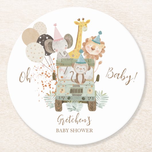 Safari Vrachtwagen Oerwoud Dieren Boho Baby shower Ronde Kartonnen Onderzetter (Voorkant)