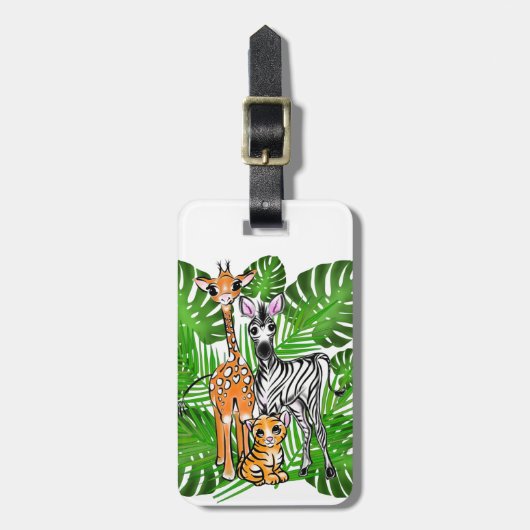 Safari vrienden, giraf, zebra, tijger, palmbladere bagagelabel (Voorkant verticaal)