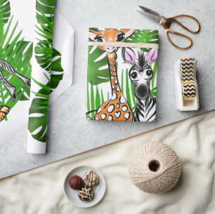 Safari vrienden, giraf, zebra, tijger, palmbladere cadeaupapier