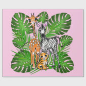 Safari vrienden, giraf, zebra, tijger, palmbladere cadeaupapier (Vlak)